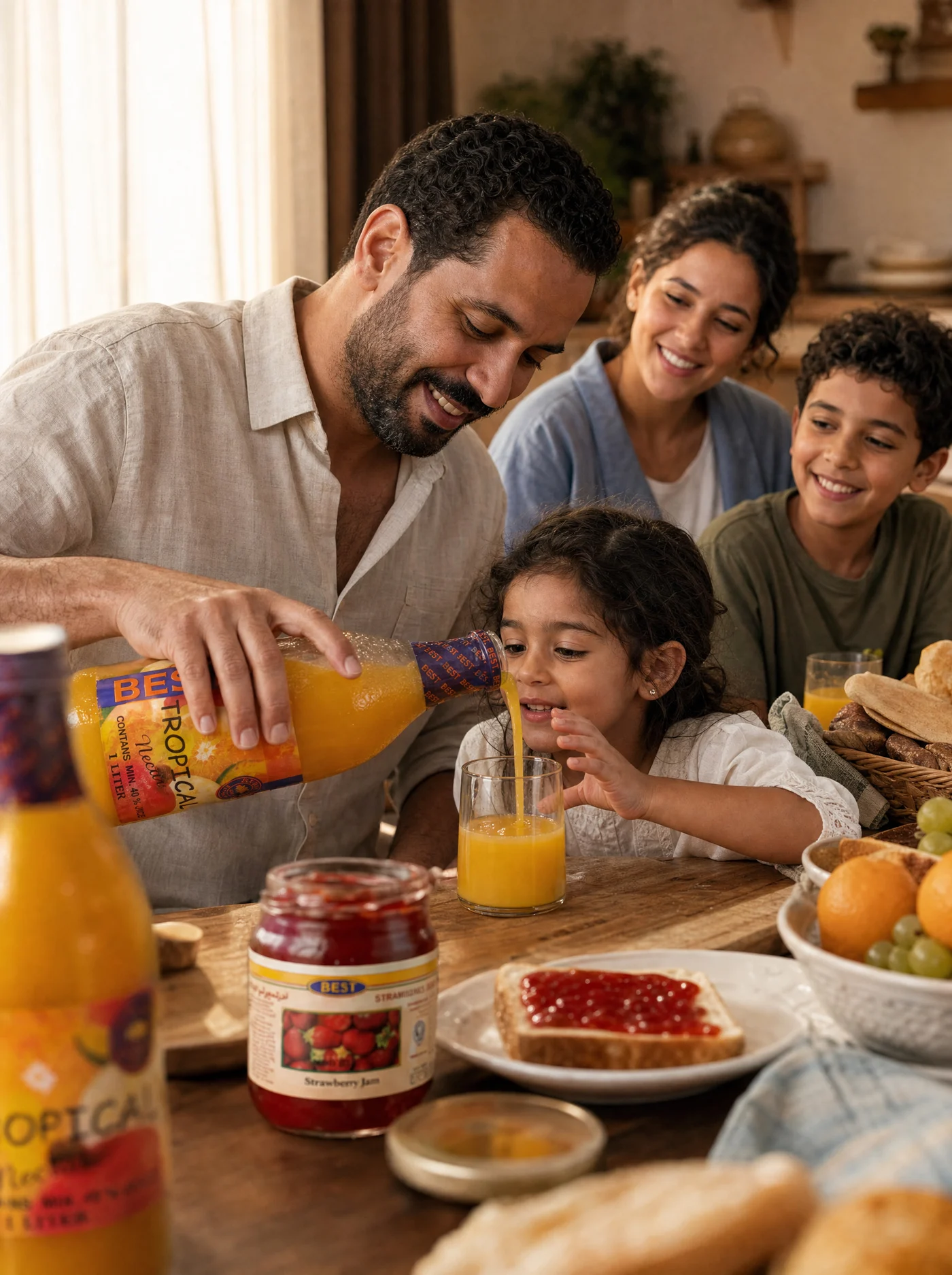 A father pours BEST Tropical Nectar for his daughter while the rest of the family looks on, a jar of BEST Strawberry Jam on the table