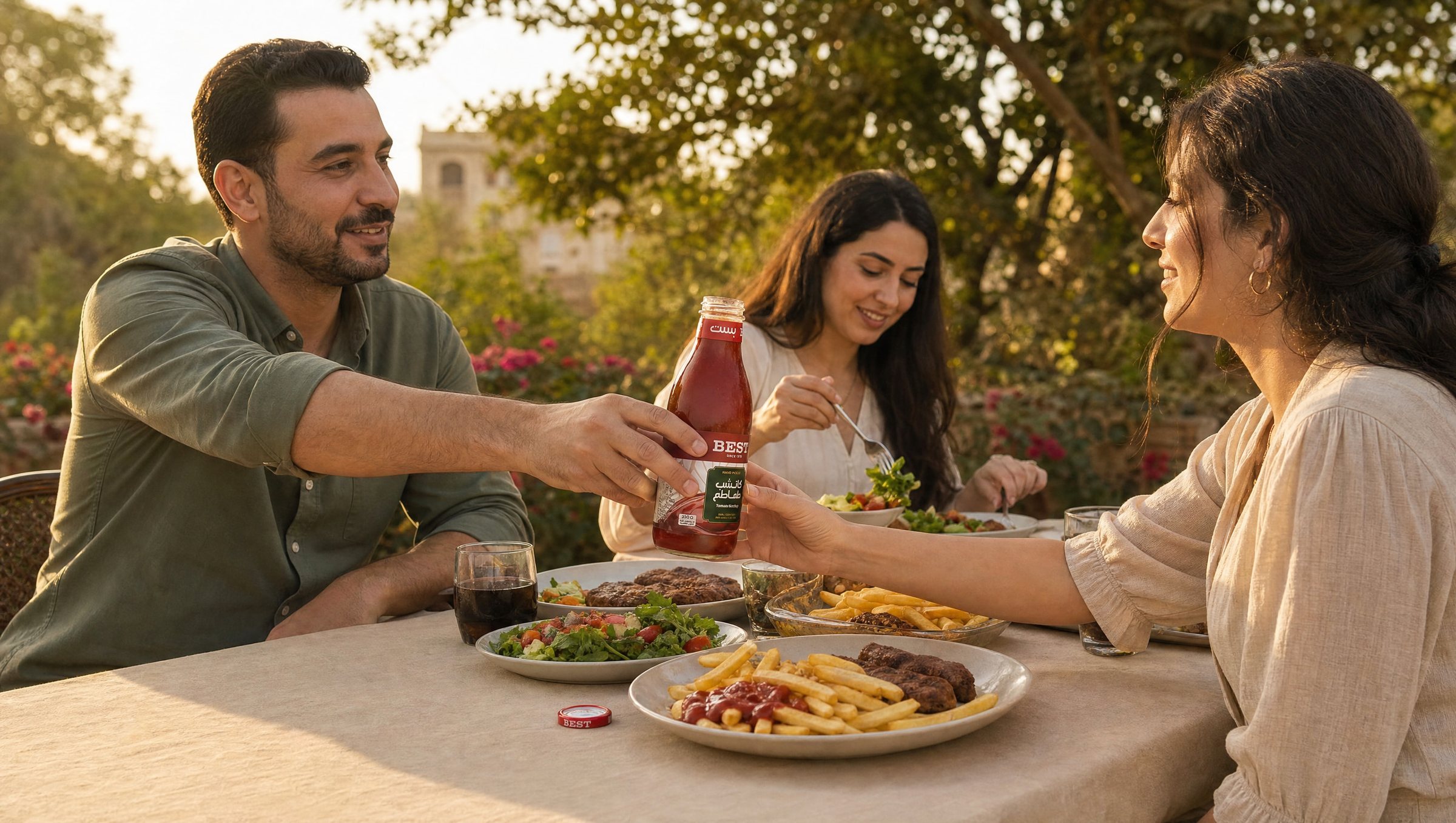 A man passes the BEST ketchup bottle across a golden-hour garden dinner table of kofta and fries