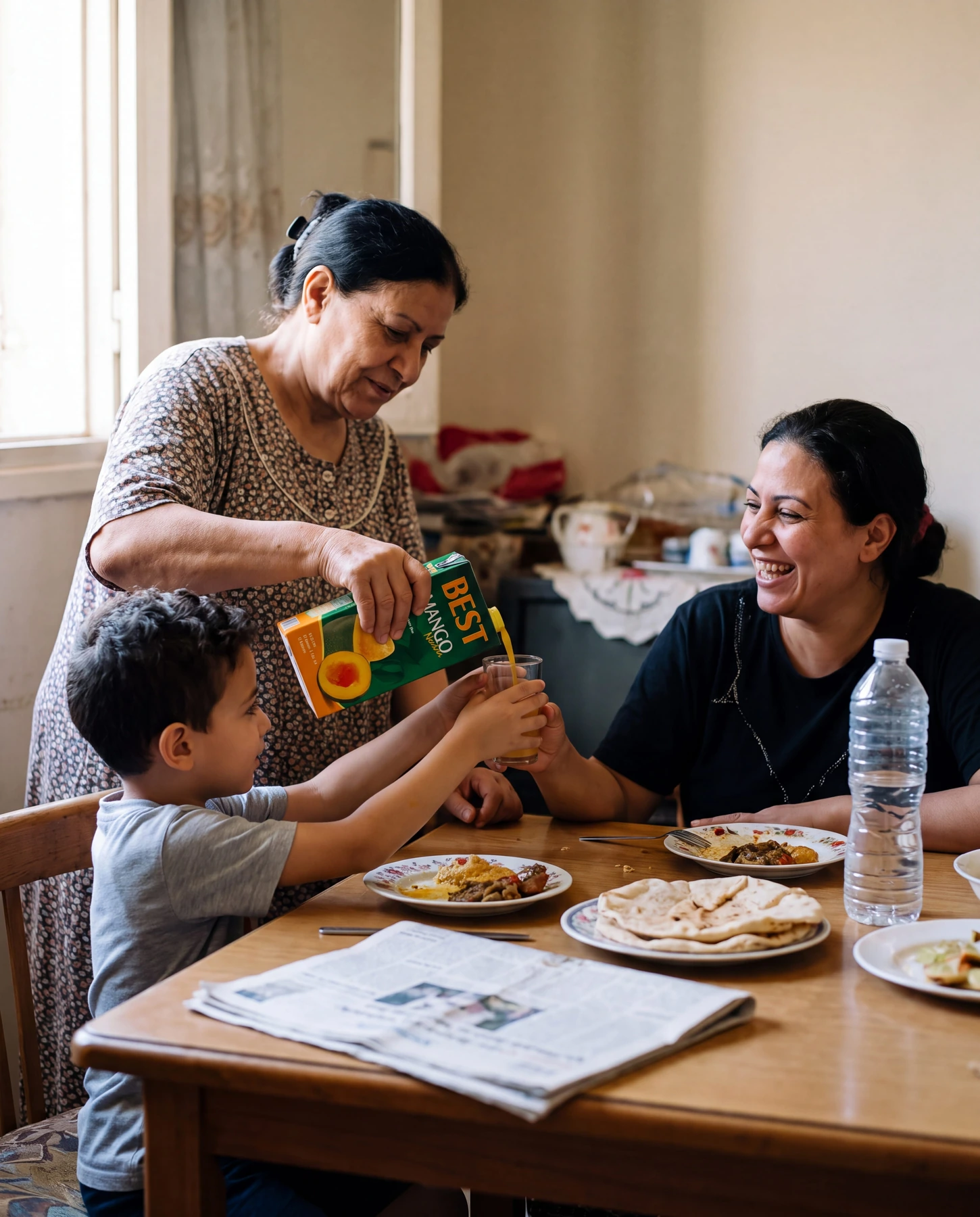 A grandmother pouring BEST Mango Nectar for a boy at a family lunch table